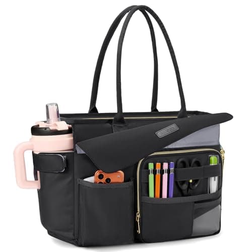 RAINSMORE Teacher Tote Bag for Women with Lunch Compartment 15.6 inch Laptop Bag Large Nurse Bag with Insulated Section Water-Resistant Lunch Bag Work Handbag for Office, College, Travel, Black