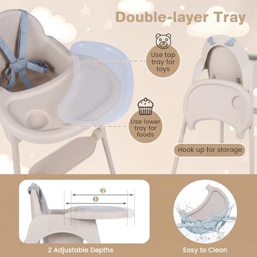 COSTWAY High Chair for Babies and Toddlers, 4 in 1 Convertible Baby Highchair with 2 Heights, Removable Double Tray, 5-Point Harness & Reversible Footrest, Infant Feeding Chair for 6-36 Months (Khaki) — view 4