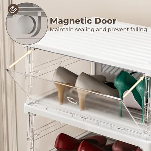 KU Syang Shoe Storage Box,8PCS Shoe Organiser Stackable with Magnetic Door Storage Organise Foldable Space Saving,Fits up to UK Size 12, Transparent and White — view 2