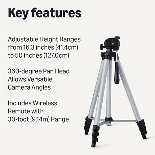 Amazon Basics 127cm/50inch Phone and DSLR Camera Tripod, Lightweight, with Bag, Wireless Remote Control and Phone Holder, Adjustable Height, Silver — view 2