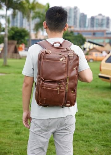 Faux Leather Backpack Briefcase Hybrid 17 Inch Laptop Bag Men's Shoulder Bag Carry On Backpack Shoulder Bag Multi-Purpose Shoulder Bags Work Bag for Men HB-22, brown, M, Retro — view 6