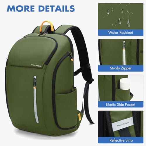 Ponhog Mens Backpack - 30L Large Capacity Laptop Rucksack for Men, 17.3 Inch Anti-Theft Business Bag with USB Port & Multiple Pockets, Durable 900D Nylon for Work/Travel/College, Green — view 5
