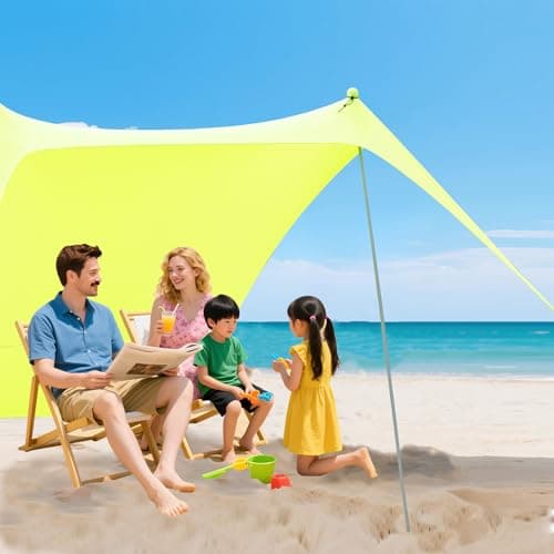 Cuupo Beach Tent 2 x 2.1 m Pop-Up SPF 50 Sun Protection, Anti-Wind Beach Shelter with Iron Stability Poles & Sandbags, Portable Sun Protection, Beach, Backyard, Camping, Travel, Suitcase, Fruit Green — view 3