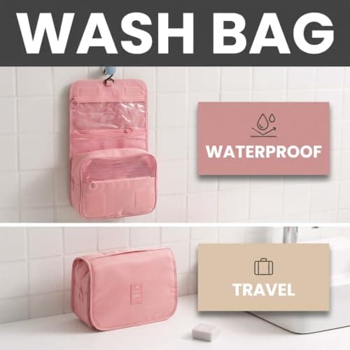 Lotsdonxia Hanging Wash Bag, Compact Travel Toiletry Organiser Portable Cosmetic Case, Durable Bathroom Storage Pouch, Holiday Essentials Accessories, Train Case Makeup Kit(Pink) — view 2