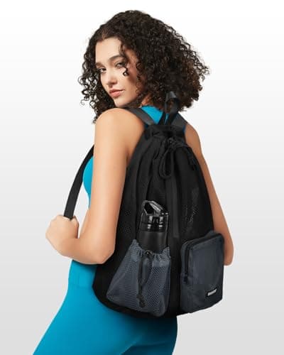 WANDF Swim Bag Mesh Backpack with Wet Dry Compartment, Waterproof Drawstring Sports Bag for Men Women, Large Gym Swim Beach Bag for Workout, Pool, Travel, PE Kit (Black) — view 4