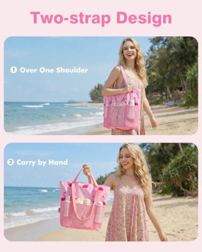 Beach Bag with Zip and Pockets Small Beach Tote Bags Women, Pink Flamingo — view 2