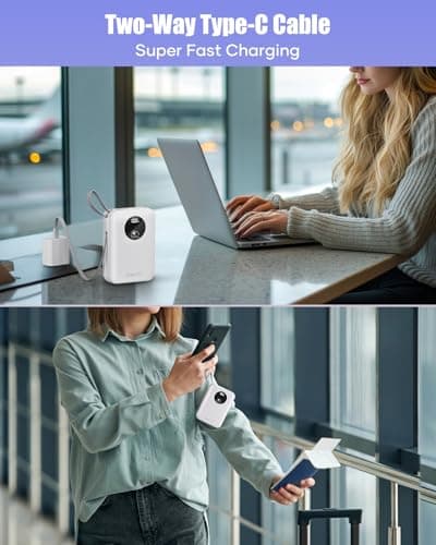 Built-in Cable 20000mAh Power Bank: 22.5W Fast Charging External Battery for Mobile Phone, USB C (Input & Output) Battery Pack, Portable Charger with 4 Outputs & 2 Inputs-White — view 4