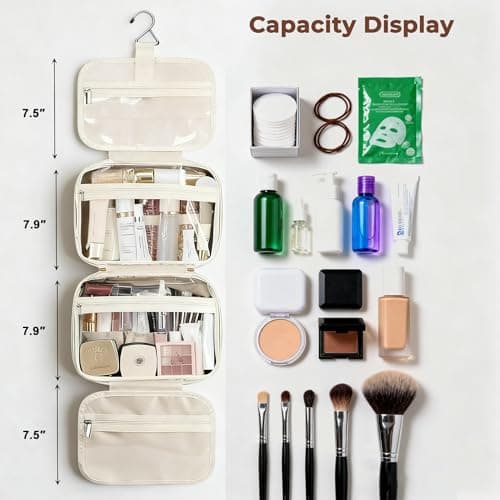 Yuexitech Travel Hanging Toiletry Bag, Large Waterproof Wash Bag with Multiple Compartments, Hanging PU Leather Makeup Bags for Women, Cosmetic Travel Wash Bags, Rose Pink — view 5