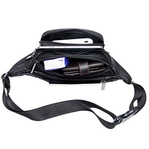 Hebetag Leather Fanny Pack Waist Bag for Men Women Travel Hiking Running Hip Bum Belt Slim Cell Phone Purse Wallet Pouch Black — view 6