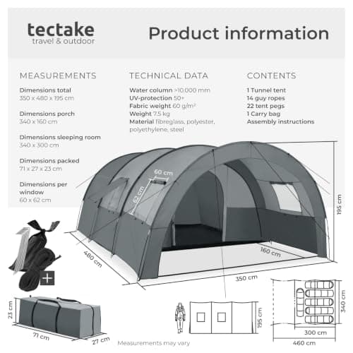 tectake® 6 Person Festival Tent - Water-Repellent Large Family Tunnel Tent with UV 50+ Protection, Mosquito Net - Lightweight Poles & Easy Assembly - Includes Awning & Carry Bag — view 6