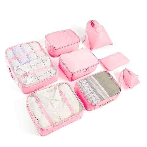 LANSKLBD 6/8 Set Packing Cubes for Suitcases Travel Luggage Packing Organizers,Travel Accessories Essentials Luggage Organizer with Shoe/Tioletry/Laundry Bag (Pink, 8 set)