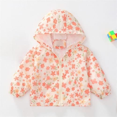 Toddler Girls Waterproof Jacket Baby Cute Heart Floral Rain Jackets Kids Lightweight Windproof Raincoat Outdoor Long Sleeve Zipper Hooded Windbreaker Packable Athletic Outwear (Beige, 6-12 Months) — view 2