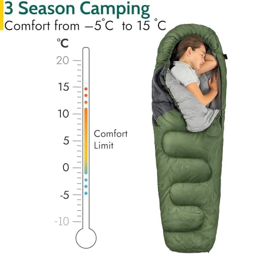 Trail Kids Sleeping Bag Mummy Shape 3 Season Camping 300gsm Boys Girls with Lightweight Rucksack Bag (Khaki) — view 3