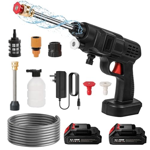 21V 35bar-High Pressure Cordless Pressure Washer, 6-in-1 Adjustable Nozzle, 240L/h Portable Pressure Washer with Battery, 5m Hose, for Car Floor Garden Cleaning Watering (B-2 batteries)