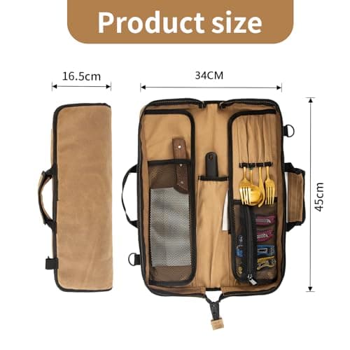 XITVVyg Chef Knife Case (12 Pockets), Heavy Duty Waxed Canvas Storage with Handle, Multi-Function Knife Tool Roll Bag for Home Kitchen Traveling (Khaki) — view 3
