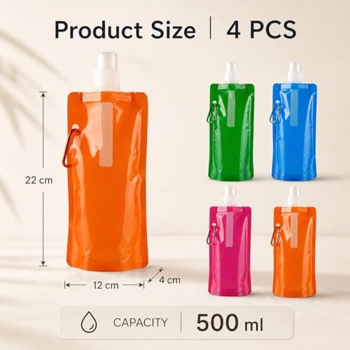 UMEGMBX 4 Pack Collapsible Water Bottle – Reusable 480ml Foldable Bottle with Clip – Lightweight for Hiking, Biking, Travel – 4 Colours — view 2