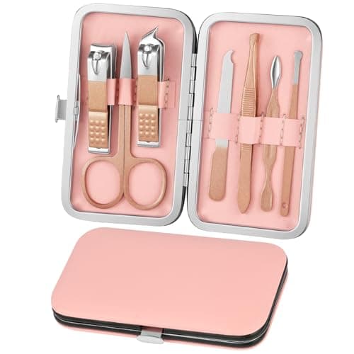 ALIIP Manicure Set 7-Piece Professional Nail Clipper Set with Leather Case, Portable Travel Nail Care Kit for Women, Stainless Steel Nail Grooming Kit for Home & Gifts,Pink