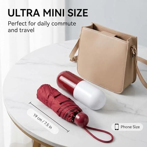 Mini Red Capsule Folding Umbrella, Compact Folding Travel Sun & Rain Umbrella with UV Protection, Portable Pocket Umbrella with Matching Capsule Case for Backpack Handbag Women Men Daily Use — view 2