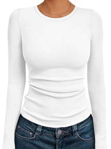 LILLUSORY Womens Long Sleeve Tops UK Ribbed Slim Fit T Shirts White M