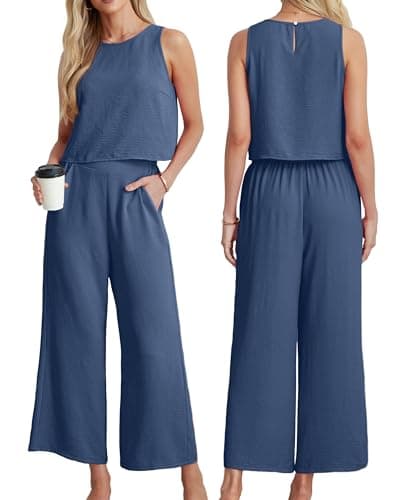 IWOLLENCE Co Ord Sets for Women 2 Piece Outfits Lounge Wear for UK Travel Airport Set Sleeveless Crop Tops Wide Leg Trousers with Pockets Casual Tracksuit Full Set Elegant (Dark Blue, L) — view 4