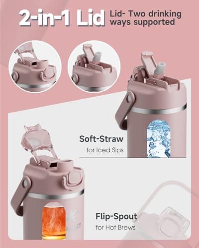 KANGZY Metal Water Bottle with Straw 1L/32oz – Vacuum Insulated Stainless Steel Flask, 2-in-1 Straw & Spout Lid, BPA-Free Leak-Proof Tumbler, Keeps Drinks Hot 8H+ / Cold 24H for Work, Travel Pink — view 2