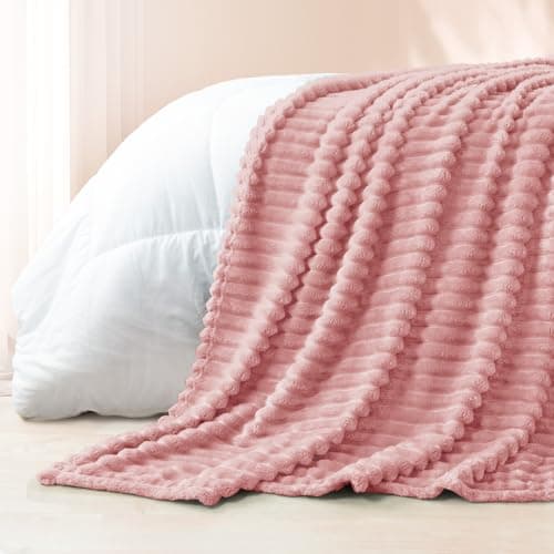 Exclusivo Mezcla Soft Striped Fleece Blanket, Pink Fluffy Sofa Bed Throw — view 6