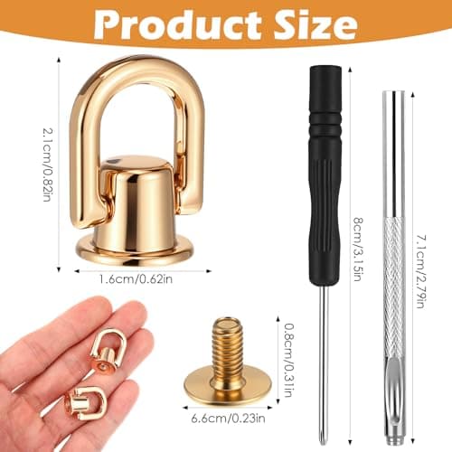 4PCS D Rings for Purse, 360 Degree Rotatable D Ring Stud Screw Ball Studs Rivets, Crossbody Conversion Kit, Gold Metal Bag Hardware for Leather Purse Straps Handbag DIY Craft — view 2