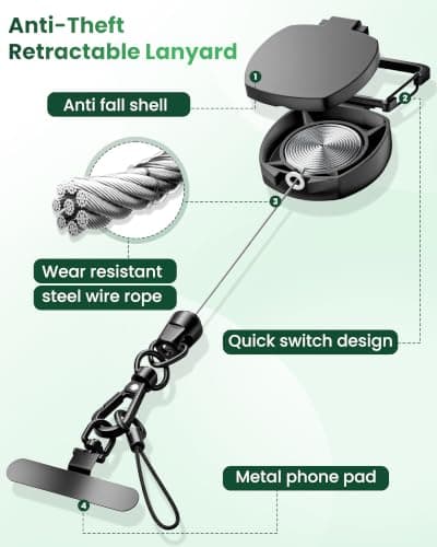 takyu Anti-theft Phone Lanyard Retractable Steel Line Black — view 3
