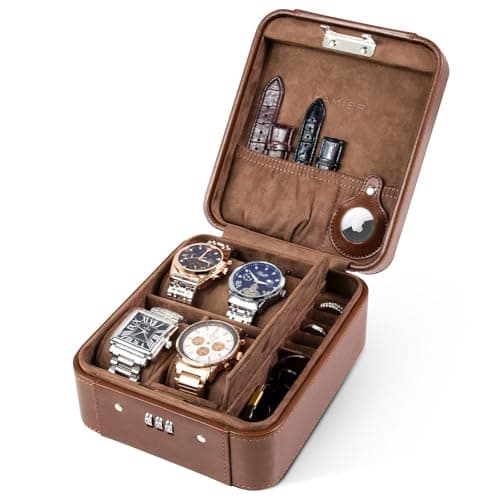 KAMIER Watch Box with Combination Lock - 4 Watch Storage and Jewelry Organizer - Luxury Watch Travel Case for Ring and Watch Storage, PU Leather Watch Cae, Ideal for Gift (With Gift Box), Brown