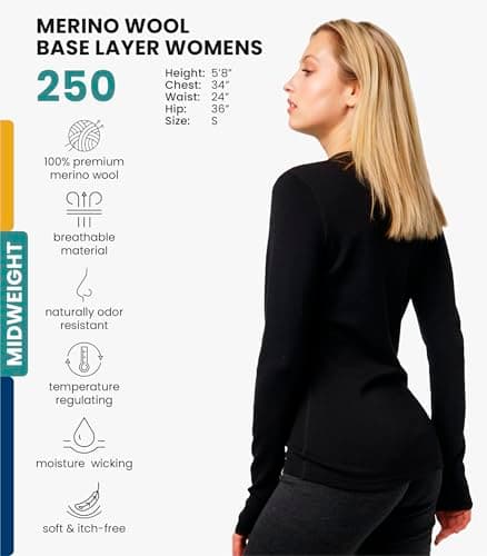 100% Merino Wool Base Layer Womens - Long Sleeve Thermal Shirts + Socks (Small, Black 250) — view 2