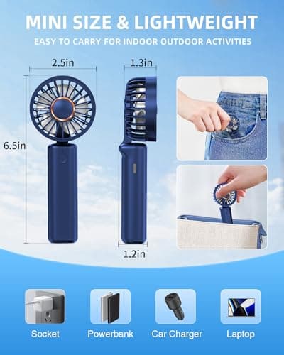 Hssio Portable Handheld Fan, Mini Desk Fan Foldable 1800mAh, 180° Ratotion, 3 Speeds, Ultra Quite, Up to 8H Long Use Time, Small Personal Cooling Fans Makeup Eyelash Fan for Women Girl, Deep Blue — view 5