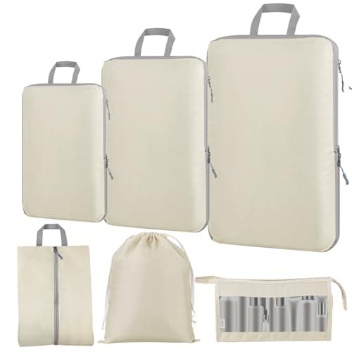 Compression Packing Cubes - 6 PCS Packing Cubes for Suitcases, Extensible Suitcase Organiser Bags Travel Luggage Organiser Set for Suitcase Backpack Travel Essentials or Home Storage (Beige)