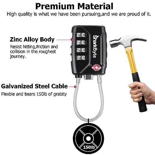 SharkByte TSA Approved Suitcase Locks - 4-Dial Security Travel Combination Padlock, Flexible Cable Wire Travel Lock for Suitcases, Luggage Locks, Travel Bag Gym Locker Small PadLock with code (2 Pack) — view 3