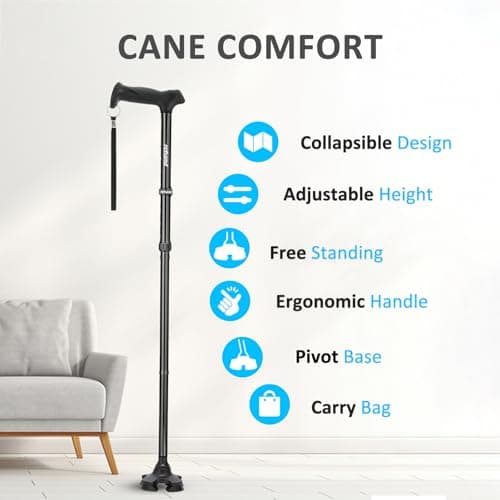 Rehand Walking Stick for Men & Women - Foldable, Adjustable, Lightweight, Self Standing Pivot Walking Stick, Soft Handle Grip, with Travel Bag, Walking Sticks for Seniors & Adults (Black) — view 2