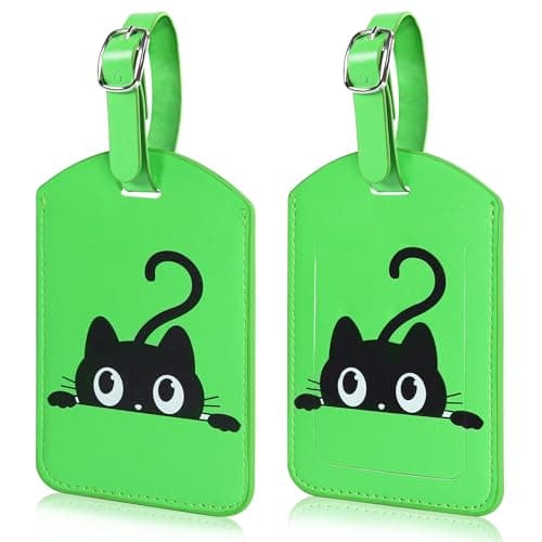 Norvens 2 Pack Travel Luggage Tags, Address Label Green PU Leather Black Cat Design Various Suitcases/Backpacks Protects Personal Info Excellent Travel Choice