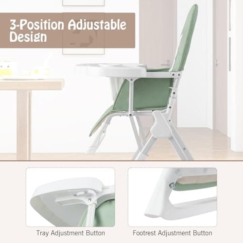 COSTWAY Foldable Highchair for Babies and Toddlers, Compact Lightweight High Chair with 3-Position Adjustable Tray & Footrest, Removable Seat Cushion (Green with Basket) — view 2