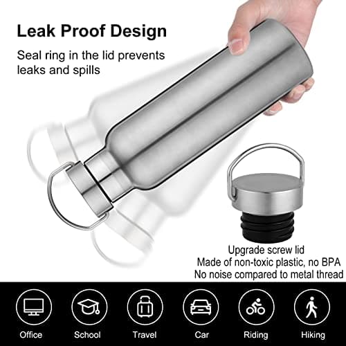 Volhoply Silver Stainless Steel Water Bottles,600 ML Vacuum Insulated Double Wall Travel Bottle with Leak Proof Lid of Handle,Metal Reusable Standard Mouth Flask for School,Hikers,Gift — view 4