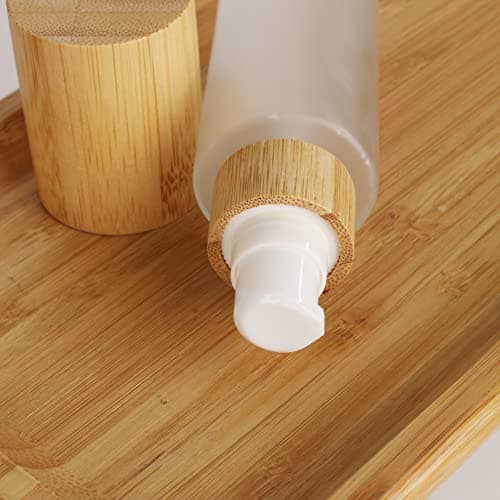 COSIDEA 4pcs Empty 3.33oz / 100ml bamboo lids Frosted glass bottle with lotion pump dispenser, refillable emulsion cosmetic cream bottles, toiletries refill travel container 20 neck — view 4