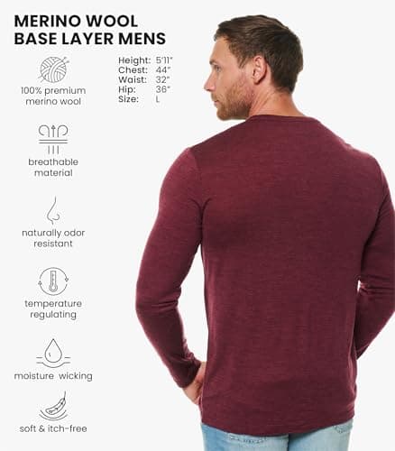 Merino.tech 100% Merino Wool Base Layer Men - 3 Collar Option (Large, 170 Burgundy Hnly) — view 2
