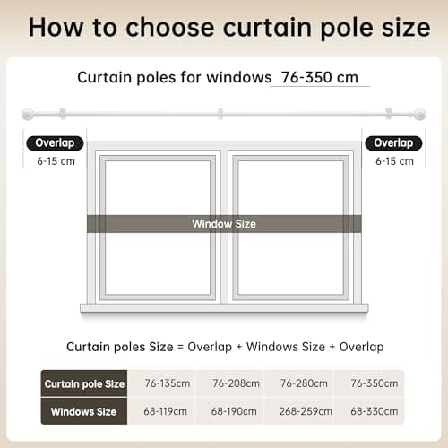 Curtain Poles for Windows 76 to 350 CM, 19MM Diameter Adjustable Drapery Rods for Eyelet Curtains, Extendable Metal Curtain Poles, for Living Room Bedroom, White — view 4