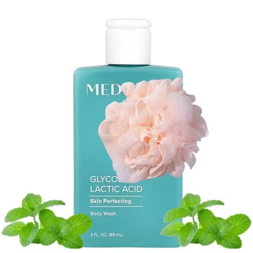MED AHA Glycolic & Lactic Acid Exfoliating Body Wash 89ml Travel Size– Helps Smooth Bumpy, Blemish-Prone Skin – Peppermint – Eco Bath Pouf & Prosperina Card – Vegan & Cruelty-Free (Mint Travel Size)