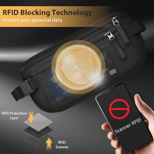 DiULi RFID Blocking Money Belt for Travel, Hidden Bum Bag with Adjustable Elastic Waist Strap, Secure Passport Pouch with 5 Free Card Sleeves, Anti-Pickpocket Protection for Cash & Phone Black — view 3