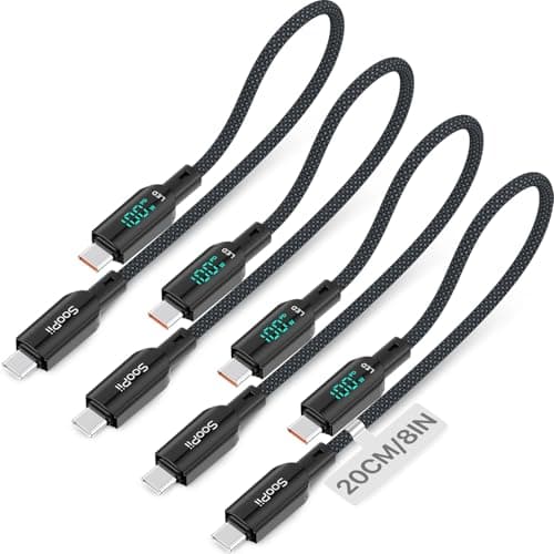 SOOPII 4-Pack 100W Short USB C to USB C Cable with LED Display, 0.7Ft PD Fast Charging Nylon Braided Cord, Compatible with Phone,Tablet,Laptop,Ideal for Charging Station and Power Bank(Black)