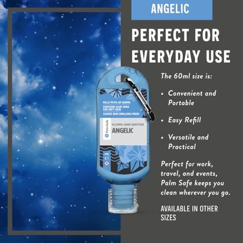 Palm Safe Angelic 60ml Anti Bacterial Premium Hand Sanitiser Travel Size Refillable Clip Bottle Quick Drying Non Sticky Extra Moisturising Kills 99.9% of Viruses and Bacteria — view 4