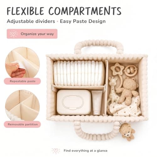 Eyoulife Diaper Caddy Organizer with Cute Bear Pendant, Soft Nappy Caddy Organiser with Removable Dividers, Portable Baby Storage Basket for Changing Table, Nursery, Car and Travel(White) — view 4