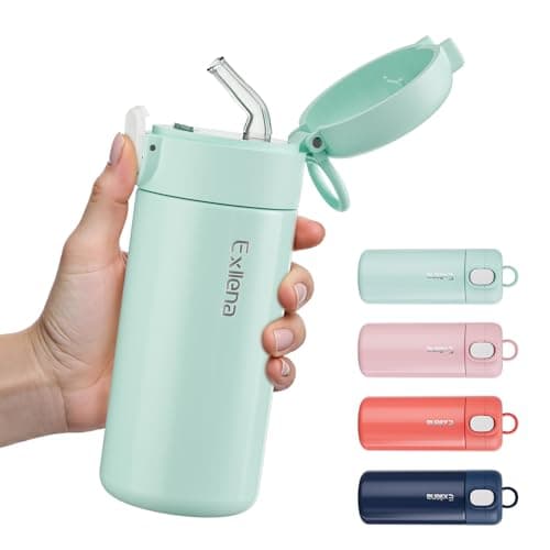 Exllena 300ml Small Water Bottle with One-Touch Soft Straw Lid, Double-Wall Vacuum Insulated Small Flask for Hot&Cold Drinks–Leak-Proof, Mini Water Bottle for Handbag, Yoga, Sport(Mint)