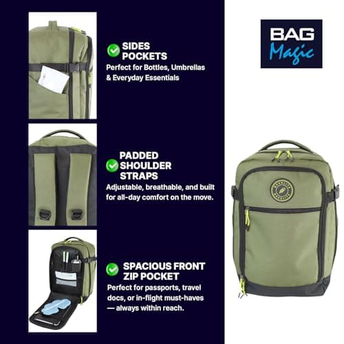 40x20x25cm Ryanair Underseat Cabin Backpack – Airline Approved Carry On Bag – Free On Board for Ryanair, easyJet, Jet2, Wizz Air – Lightweight Water-Resistant Travel Rucksack - Khaki — view 3