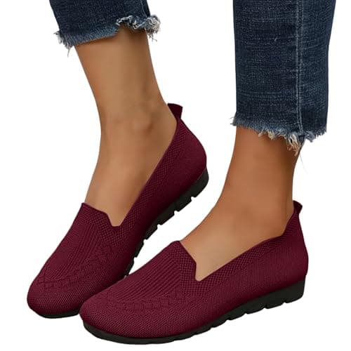 Boat Shoes Women Wide Fit Knitted Mesh Slip-On Flats Solid Color Breathable Low-Cut Casual Loafers with Soft Non-Slip Soles Lightweight Comfortable Walking Shoes for Everyday Wear Office Travel Red — view 5