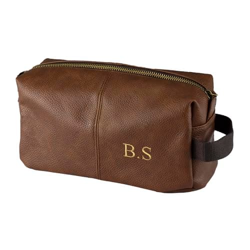 Personalised Embroidered Mens PU Leather Wash Bag with Strap Black or Brown - Mens Vegan Leather Toilet Bag Embroidered with Initials (Tan)