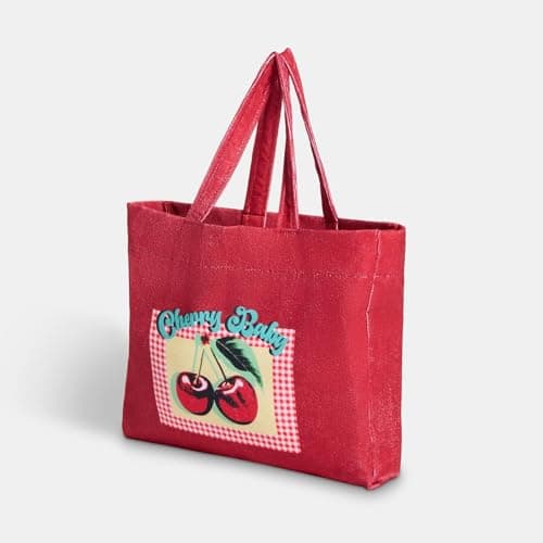 OHS Large Beach Bags for Women, Cherry Baby Slogan Beach Tote Bag with Matching Zip Pouch Waterproof Lining Reusable Grocery Bags for Women Travelling Shopping Pool, Red — view 6